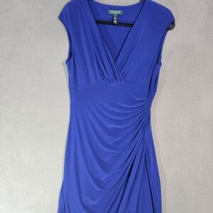 Lauren Ralph Lauren Dress Womens 10 Faux Wrap Slit Cap Sleeve Royal Blue Vneck